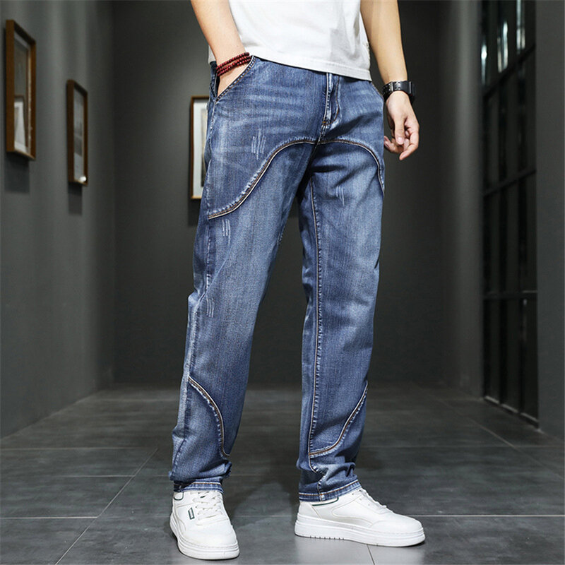 Calças jeans retas largas dos homens, calças casuais, calças de tamanho grande, moda masculina, plus size, 42, 44
