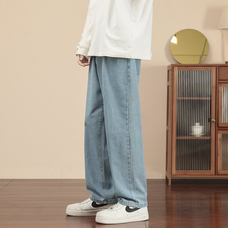 Новинка 2023, модные мужские повседневные джинсы в Корейском стиле длиной до щиколотки, классические мужские прямые джинсовые брюки с широкими штанинами, бледно-голубые, серые, черные, 3XL