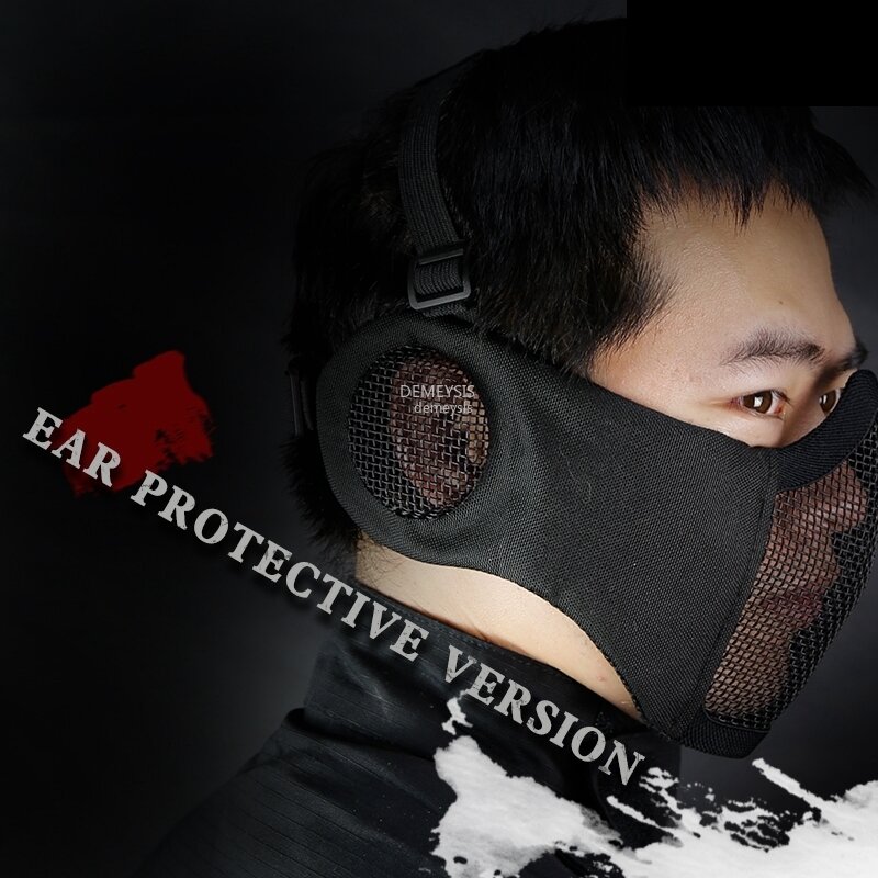 Máscara táctica de malla de red de acero de Metal para caza, media cara, protección para las orejas, Airsoft, Camuflaje, protector