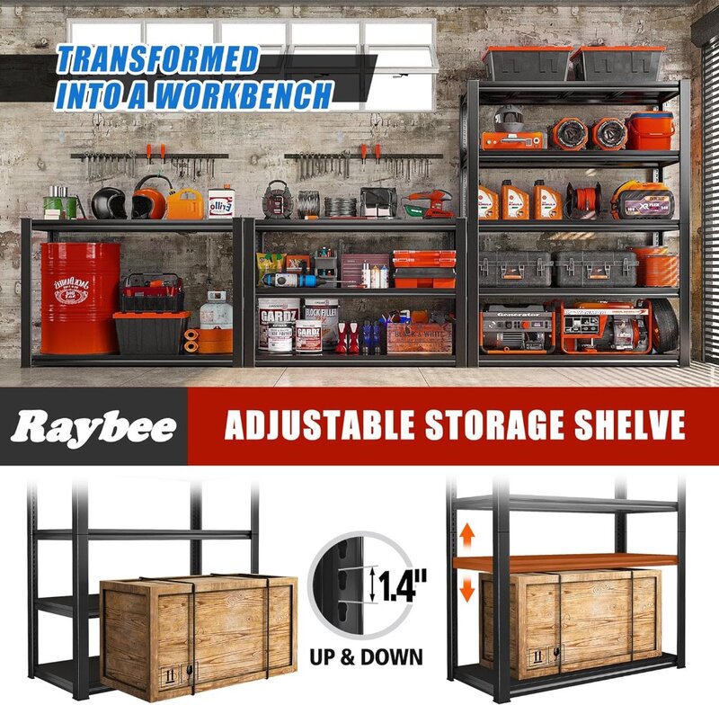 Raybee-収納用の調整可能な金属棚、ガレージ棚、頑丈な収納、2000ポンド、5層