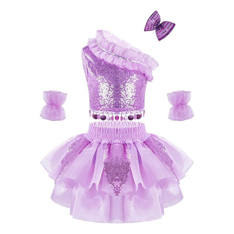 Kids Girls Ballet Dance Costume Stage Performance Outfit Shiny Sequins Tops With Tutu Skirt Hair Clip Cuffs Set Jazz Dance Wear