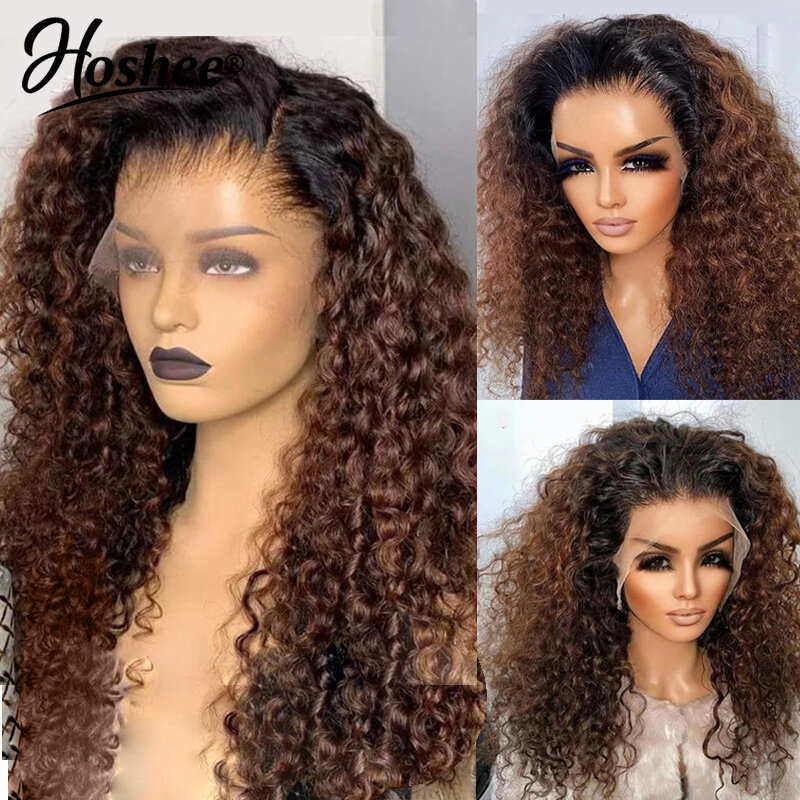 Peruca de cabelo humano encaracolado para mulheres negras, ombre, loira de mel, marrom, brasileira, pré-arrancada, perucas frontais, 13x4