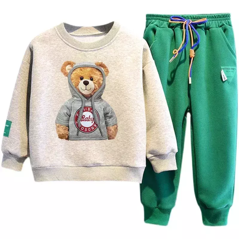 Setelan pakaian olahraga bayi perempuan laki-laki, atasan kaus beruang kartun anak-anak, setelan olahraga dua potong kancing musim gugur