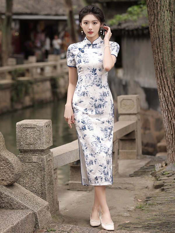 Estilo chinês cheongsams estampado floral feminino, vestido tradicional feminino, qipao, cetim, bainha de corte, bodycon, tamanho grande