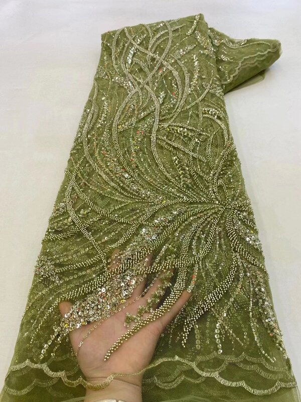 Verde elegante artesanal miçangas bordado francês tule renda tecido para festa nigeriano luxo lantejoulas renda tecido Material QF0619