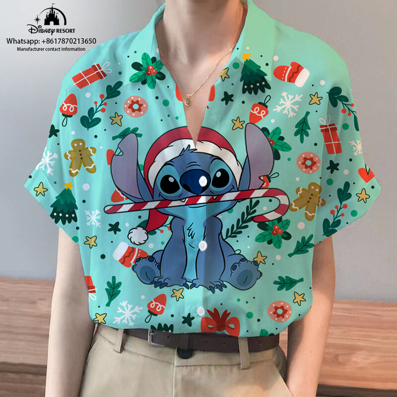 Cartoon Stitch 2024 Christmas New Anime Short Sleeve Shirt Summer Street Style Disney Fashion Casual Women's Tops y2k