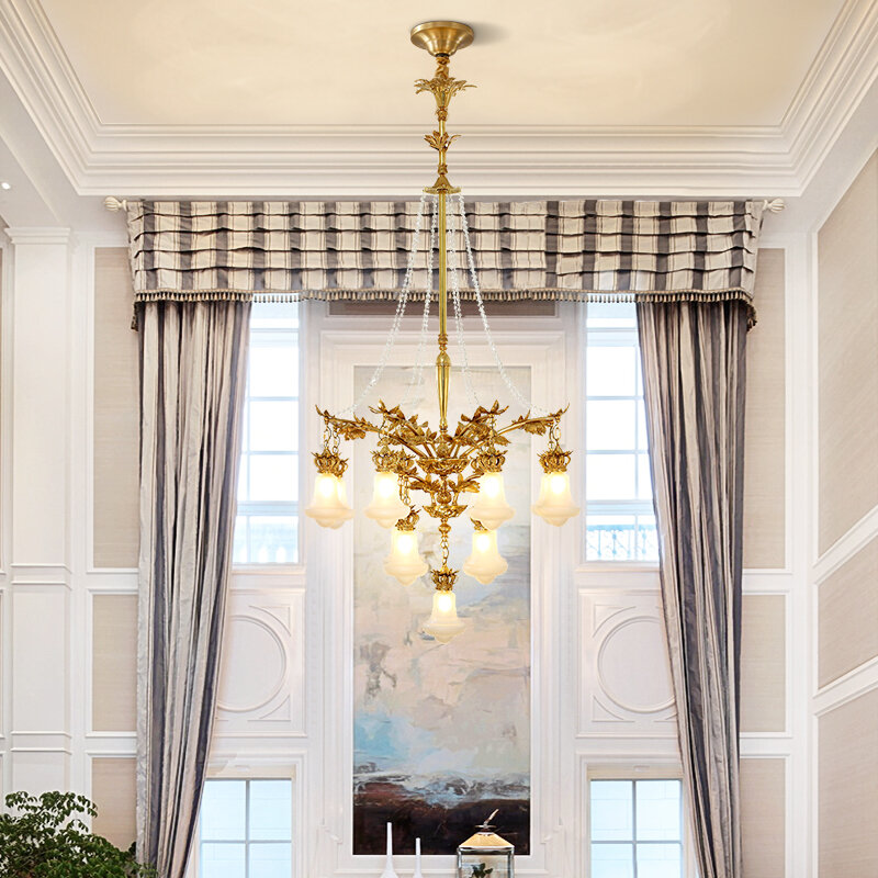 European Villa Duplex Hall Brass Long Chandelier Lamps French Luxury Living Room Stair Copper Pendant Light