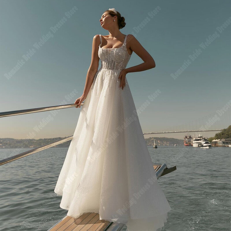 Sexy Tulle Women Wedding Dresses Customized Sleeveless Wide Shoulder Straps Robes Bead String Embellishments Vestidos De Novia