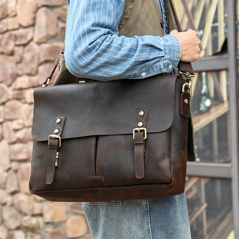 Crazy Horse Genuine Leather Briefcase Men Business 15.6" Laptop Office Bag High Quality Shoulder Messenger Portfolio