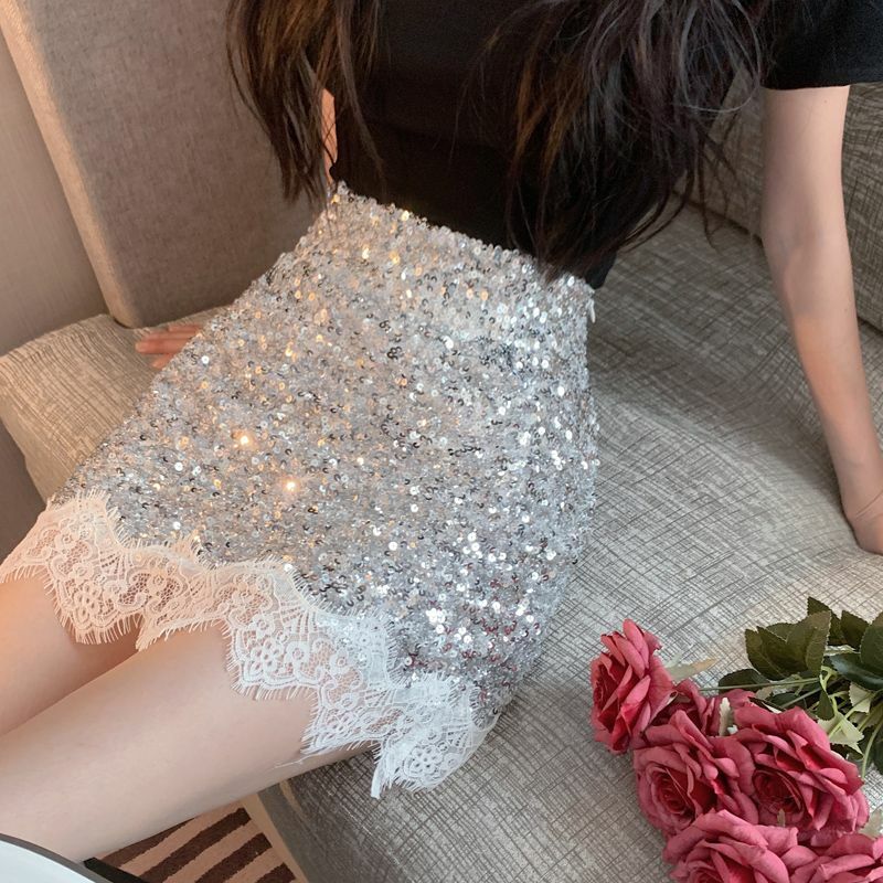 Royal Sister Fan Mingyuan's Temperament Spicy Girl Sequin Lace High Waist Female Xia Xian Slim A-line Wrapped Hip Short Skirt