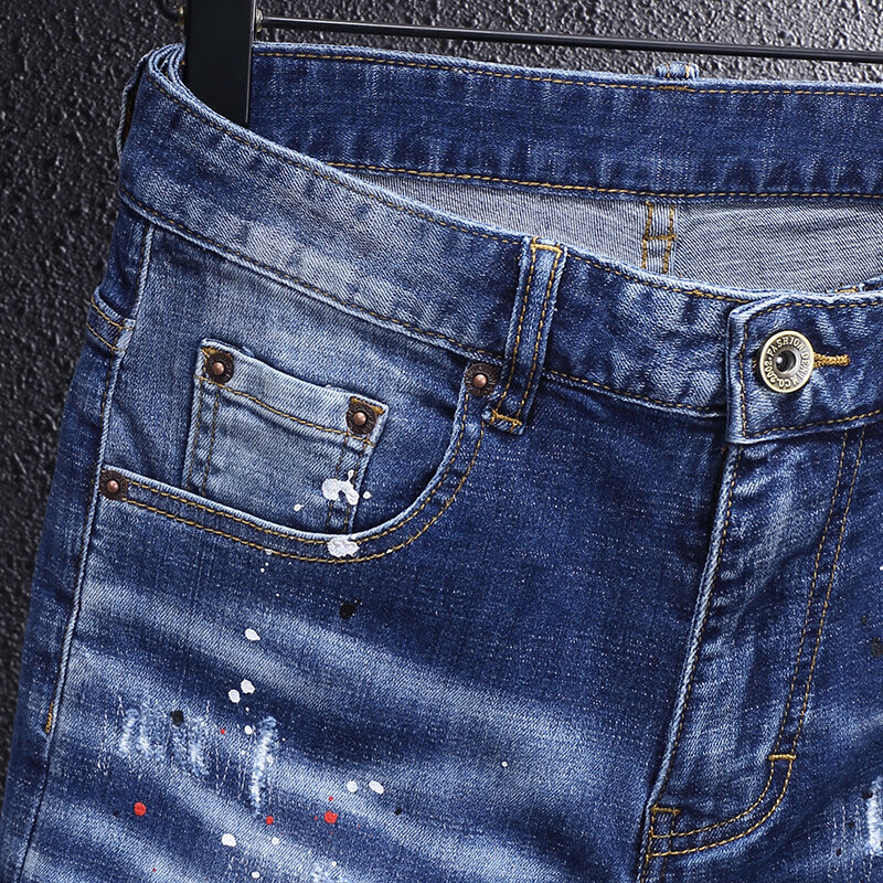 Street modne dżinsy męskie niebieskie w stylu Retro Stretch elastyczna Slim Fit porwane jeansy mężczyźni malowane projektant Hip-Hop spodnie jeansowe ołówkowe Hombre