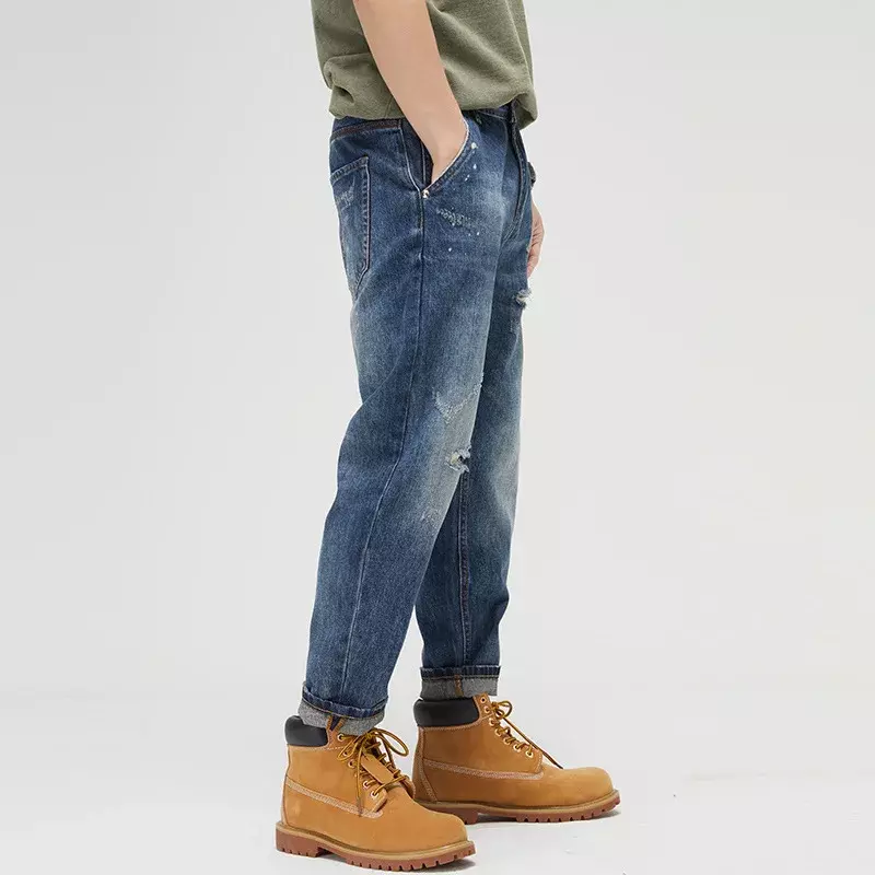 Calça comprida casual masculina de algodão, jeans à prova de vento, nova moda, inverno e outono, 2023