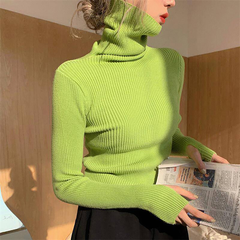 Sweater rajut wanita, Sweater rajut versi Korea, Sweater Turtleneck warna Solid, atasan dasar hangat Lapping Interior ramping, Sweater musim dingin