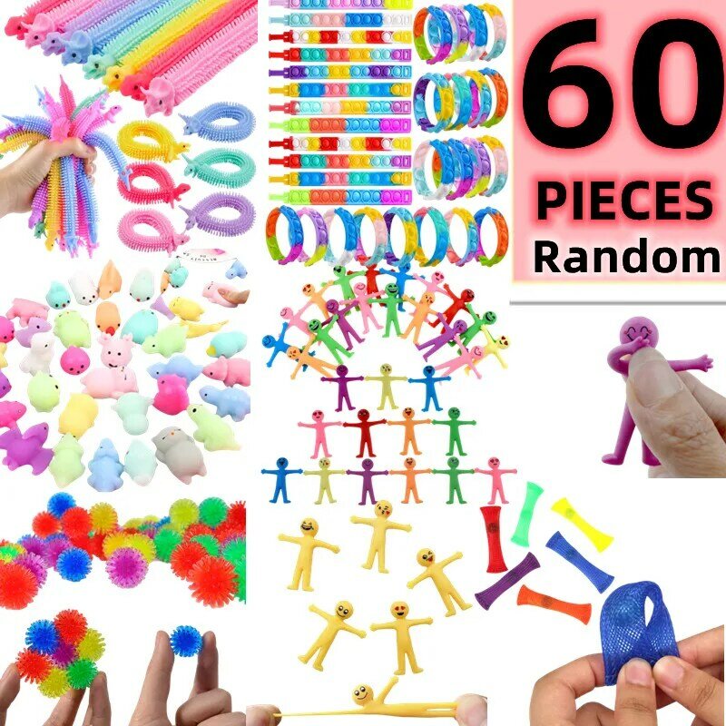 60Pcs Of Children's Stress Relief And Kneading Toys Caterpillars Colorful Figurines Fun Toys Christmas Halloween Gifts Random