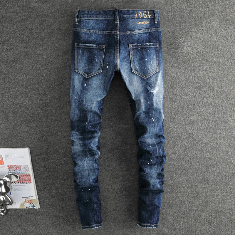 Modne dżinsy męskie uliczna wysokiej jakości niebieskie w stylu Retro rozciągliwe dopasowanie Fit malowane porwane jeansy męskie Patch designerskie markowe spodnie Hip Hop