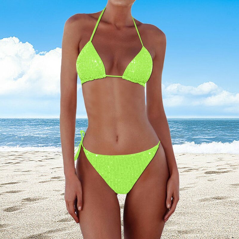 Seksowne damski strój kąpielowy nowe cekinowe Bikini trójkątne jednolity kolor Bikini stroje plażowe modne regulowane sznurowane stroje kąpielowe