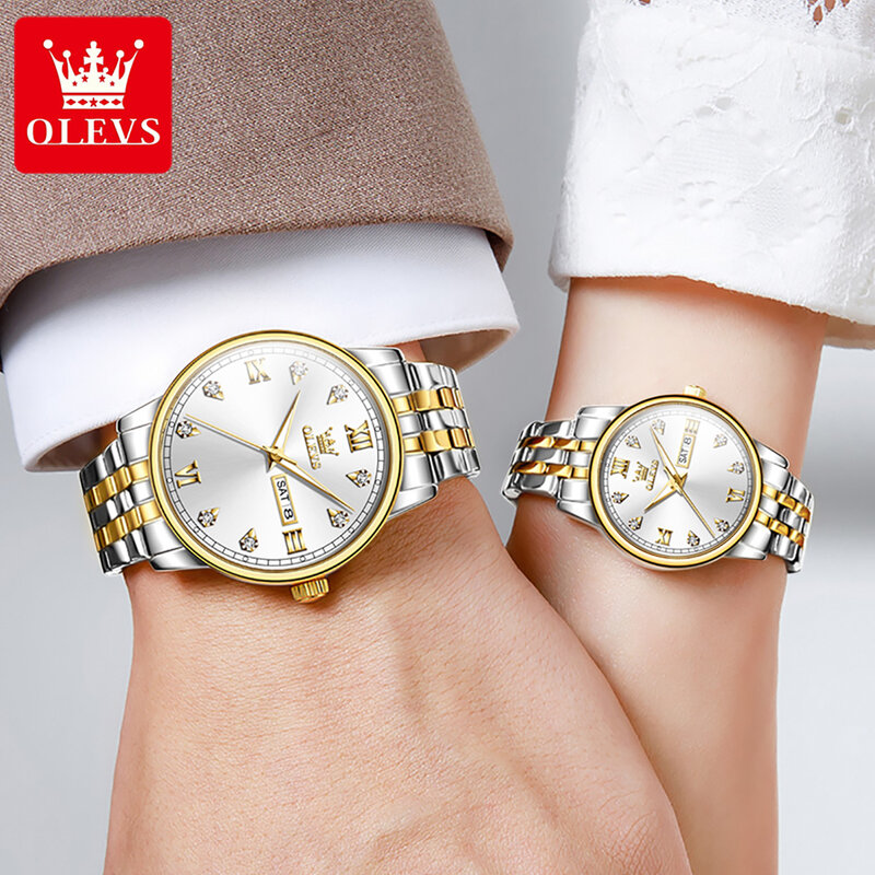 OLEVS Fashion coppia orologio al quarzo per uomo e donna orologi da lavoro con calendario settimanale luminoso impermeabile in acciaio inossidabile di lusso