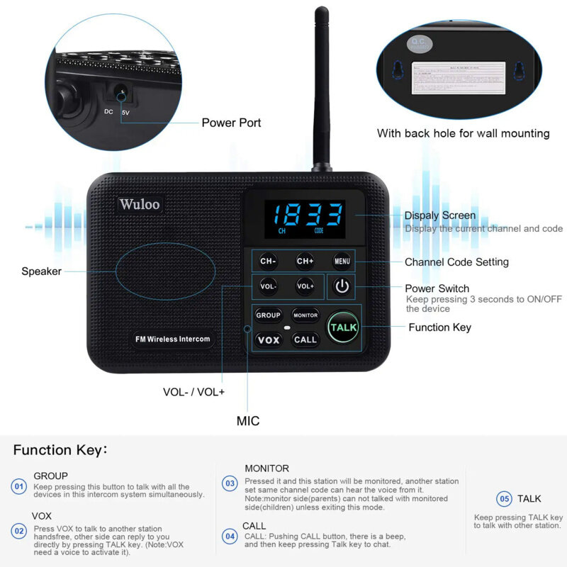 Wuloo Wireless Home Intercom System for House Business Offices Intercom 1 Mile Range 22 Channel 100 Digital Code Display Screen