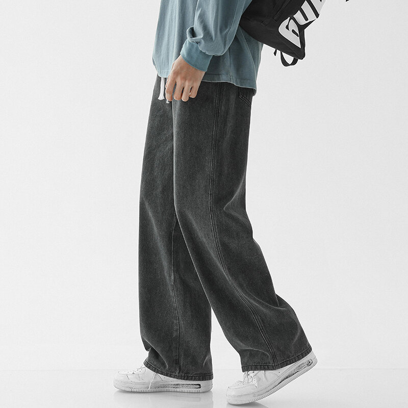 Men's Loose Casual Jeans Korean Fashion Lace-Up Pants Street Casual Hip Hop Wide Leg Pants Brand Men's Clothes Black Grey Blue