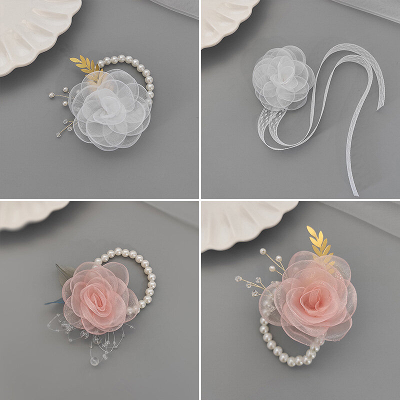 Fleur de corsage de poignet de rose, fleur de main artificielle, nœud de perle de ruban, patients de mariage, fournitures de Rhde cocktail, 1pc