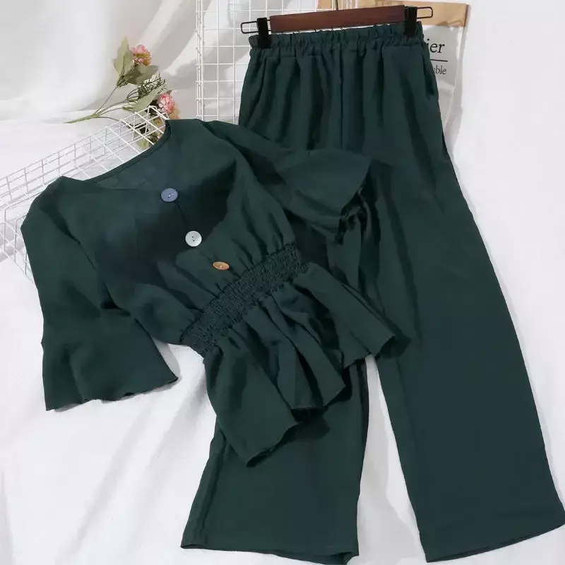 Elegante calça de botão monocromático para mulheres, decote em v, manga meia-flare, túnica, cintura elástica, calça comprida, fina, N324, moda verão