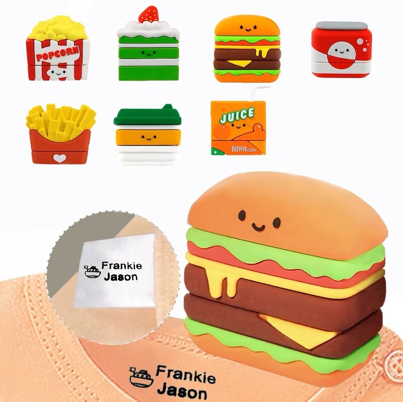 Custom Made Name Stamps para crianças, selo dos desenhos animados, roupas, bebê, Hamburge impermeável, sucos, chips, não-desbotamento, alimentos, pessoal, não-tóxico