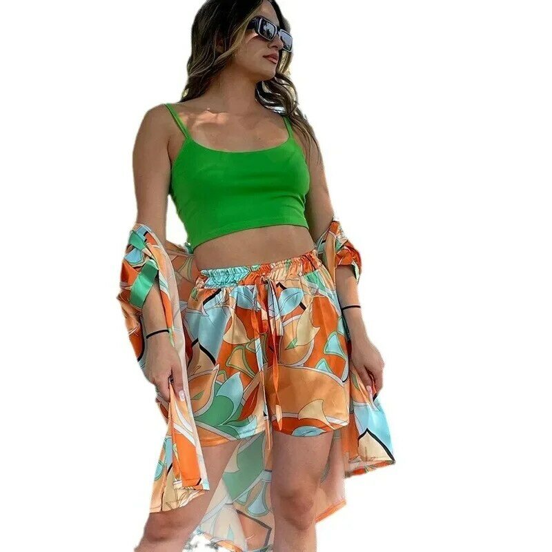 2024 New Leisure Fashion Summer Outfit Set Print Cardigan Top And Shorts Set For Women 2 Piece Set Holiday Vacation Shorts Suit