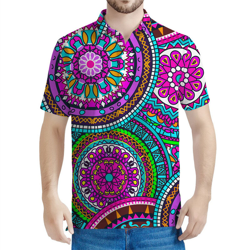 Polo con estampado 3d de Mandala multicolor para hombre y mujer, camiseta informal de manga corta Bohemia, Tops de solapa, Verano