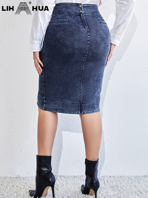 LIH HUA damska Plus Size jeansowa spódniczka elegancki, szykowny spódnica dla pulchnych kobiet jesień dzianiny bawełniane spódnica
