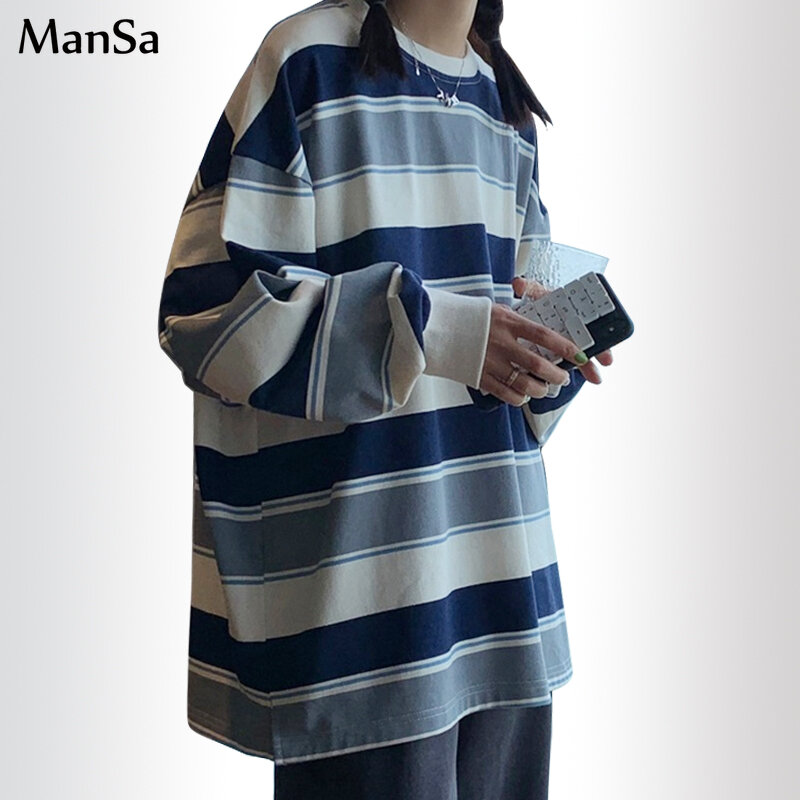 Sudadera con capucha de manga larga a rayas para mujer, Jersey Harajuku de algodón, abrigo informal de gran tamaño, moda de primavera y otoño