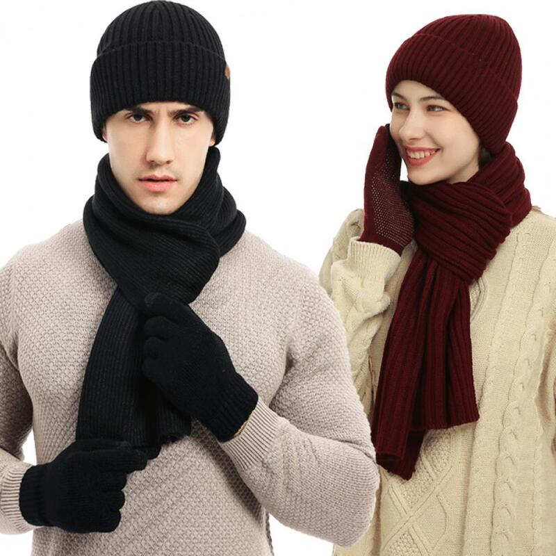 Conjunto de luvas e cachecol de chapéu de inverno unisex 3 peças, cor sólida, grosso, quente, elástico, antiderrapante, pescoço, roupa, listrado