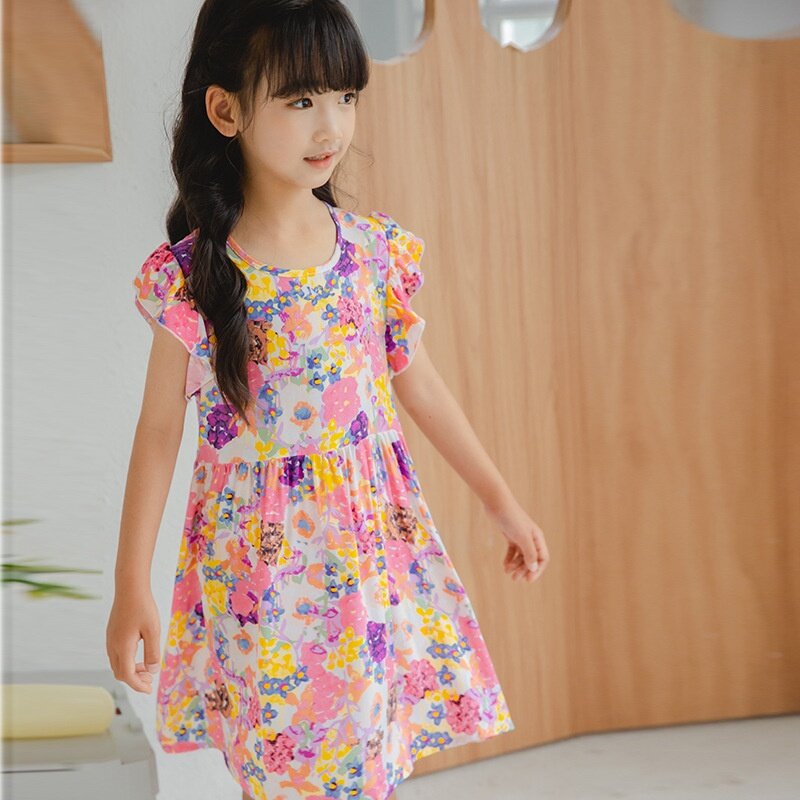 Повседневные платья для девочек, размер 100-170, летнее Новое цельное дышащее платье с рукавами-лепестками тополя и милым цветочным принтом