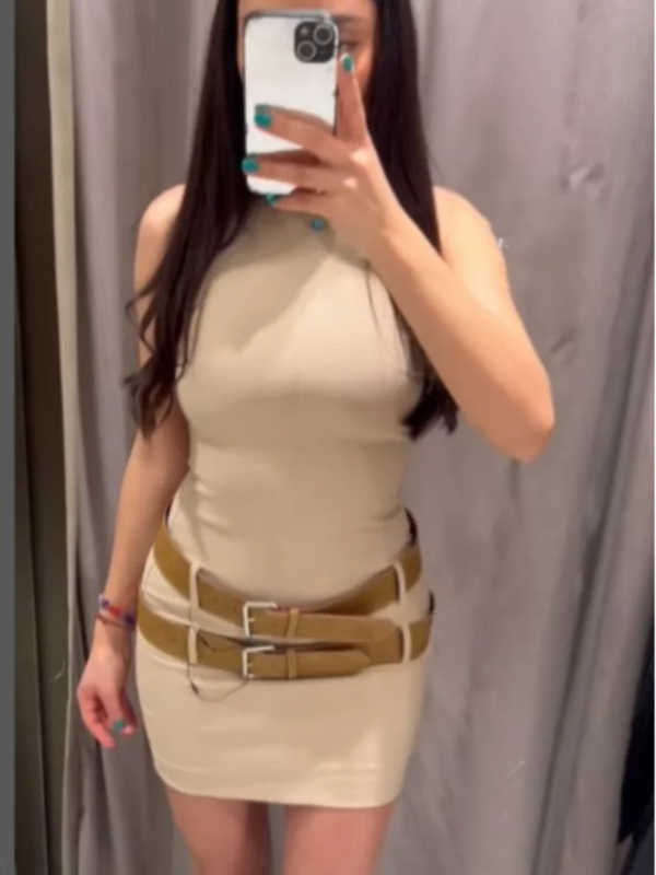 Mini vestido con cinturón doble para mujer, Sexy, ajustado, cuello redondo, sin mangas, caqui, corto, informal, High Street