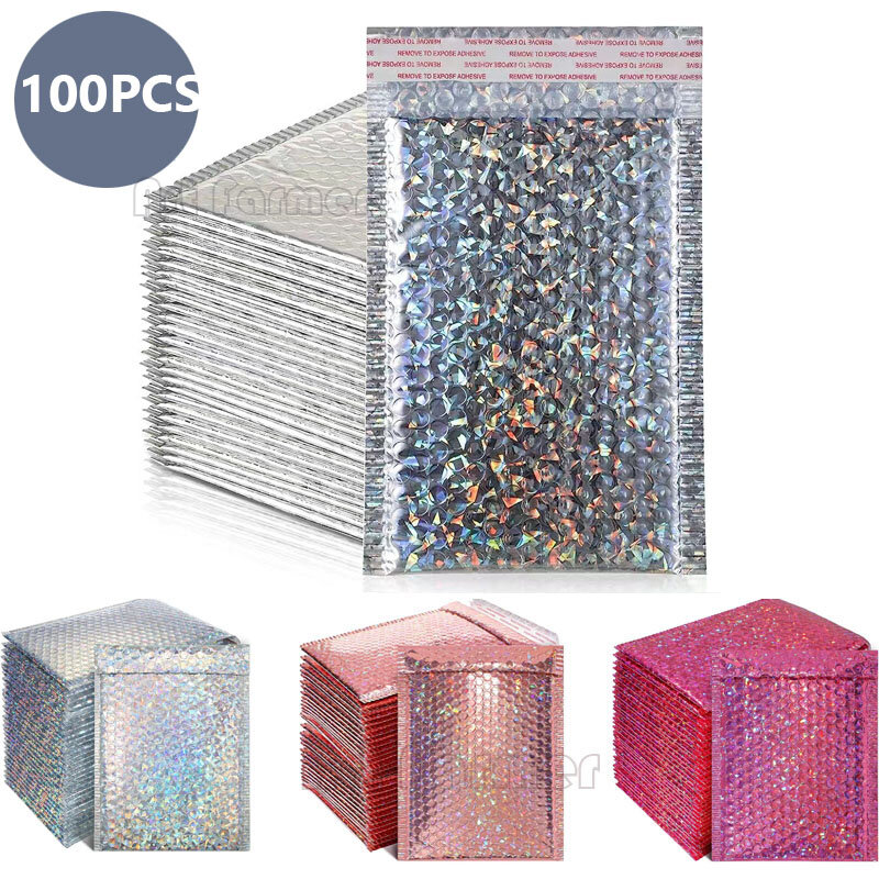 100 Buah Gelembung Mailer Pink Poly Gelembung Mailer Diri Segel Empuk Amplop Hadiah Tas Kemasan Laser Amplop Tas untuk Buku