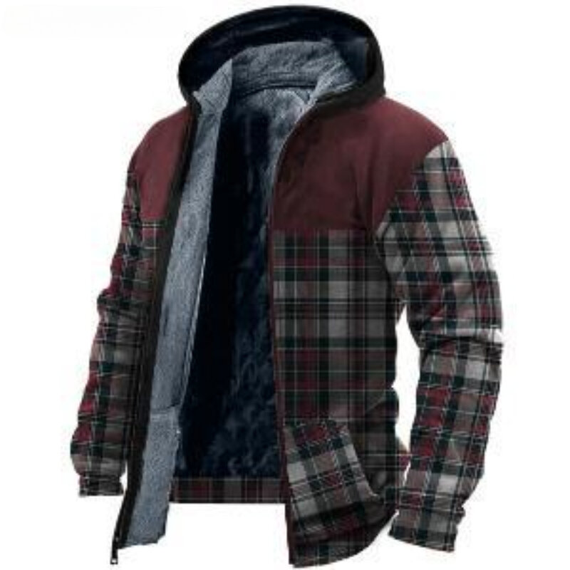 Pakaian hangat motif untuk pria, jaket musim dingin bertudung ritsleting, mantel bulu kasual modis
