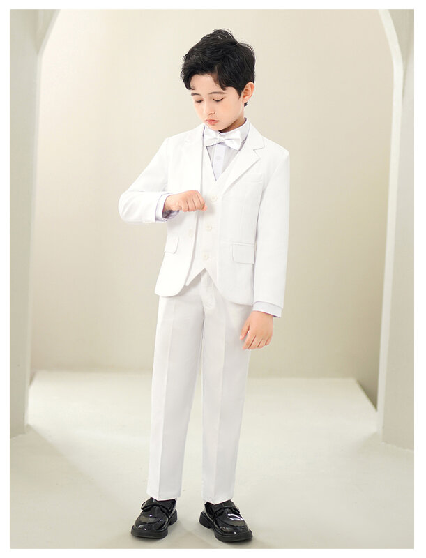 Gaun pernikahan anak laki-laki, ramping putih murni setelan fotografi jaket celana dasi kupu-kupu 4P Kostum upacara ulang tahun
