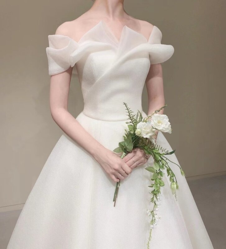 우아한 2023 아이보리 웨딩 드레스, 오프숄더 브이넥 바닥 길이 반팔, 오간자 A라인 백리스 한국 스타일, 새로운 디자인
