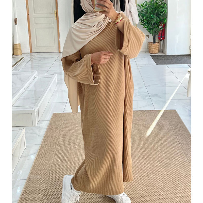 코듀로이 아바야 겨울 사이드 포켓 두꺼운 따뜻한 EID 라마단 이슬람 의류, 고품질 이슬람 여성 긴 소매, 적당한 원피스