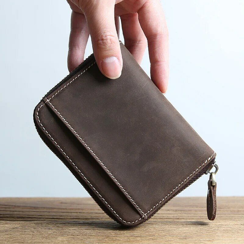 Dompet kulit asli untuk pria bergaya Vintage Crazy Horse dompet pendek ritsleting kecil saku dengan tempat kartu koin