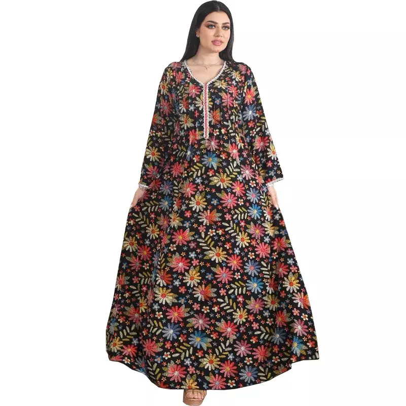 Robe maxi à fleurs imprimées pour femmes, diamant pressé à la main, mode musulmane, robes de soirée, grande taille, caftan, femme musulmane