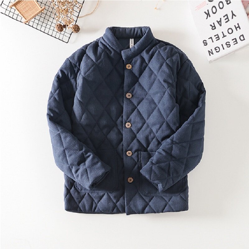 Styl japoński ciepła watowana kurtka ze stójką dla mężczyzn w stylu Vintage jednolite, luźne wszechstronny watowana kurtka Trend męska odzież wierzchnia odzież