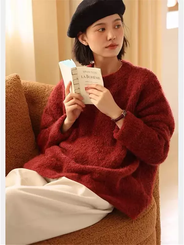 Suéter holgado de manga larga para mujer, Jersey informal de Color liso con cuello redondo, novedad de otoño e invierno, 2023