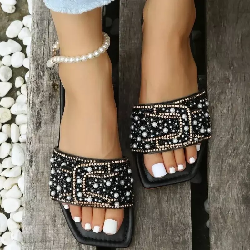Women's Rhinestone Pearl Flat Sandals, Elegant and Charming Shoes, Fashionable, Party and Office, Summer Novelty, New, 2024