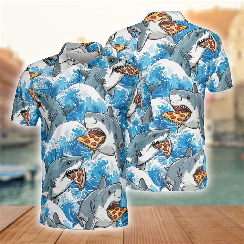 Fashion Design Pizza 3D Printed Polo Shirts For Men Clothes Harajuku Animal Short Sleeve Hawaiian Vacation Beach POLO Shirt Tops