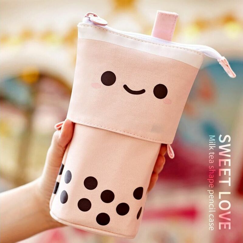 Creative Retractable Canvas Pencil Case Large Capacity Cute Milk Tea Pen Holder gifts For Kids ​School Stationery Supplies