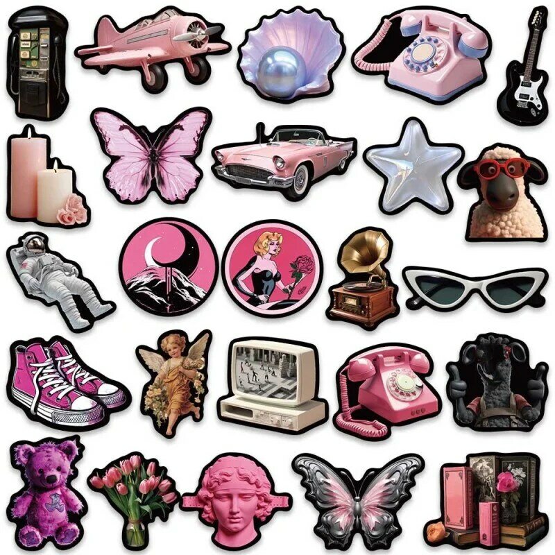 Desenhos animados Graffiti adesivo impermeável, estilo Ins, preto e rosa, 3D adesivos, bagagem, mala, notebook, laptop, 10 pcs, 25 pcs, 50pcs