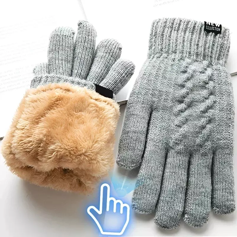 Мужские теплые перчатки с закрытыми пальцами, Зимние флисовые перчатки для сенсорного экрана, женские утепленные шерстяные вязаные перчатки для велоспорта и вождения