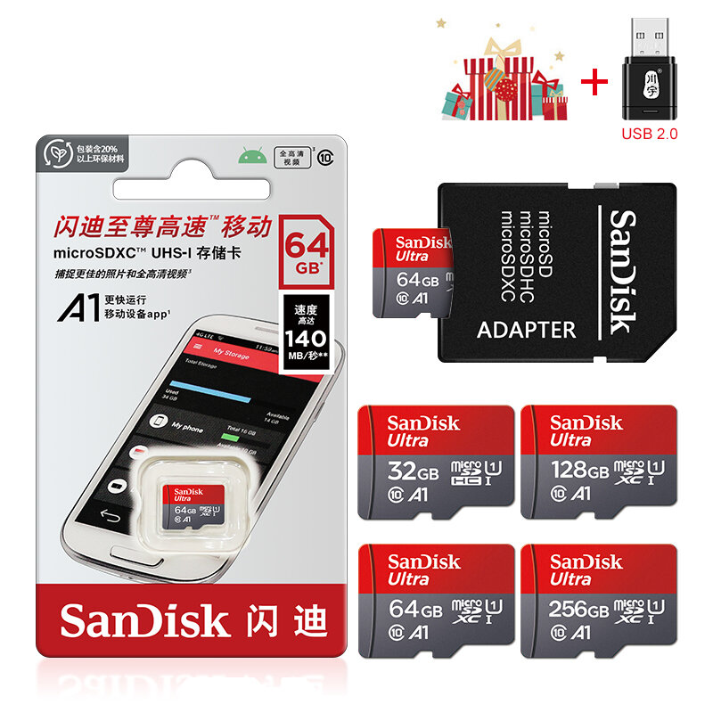 Cartão de Memória TFCard Ultra com Adaptador, Micro SD, 16GB, 32GB, 64GB, 128GB, 256GB, A1, SDHC, SDXC, 98 Mbps, UHS-I, Class10, flash TF, SD, U1