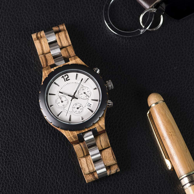 Męskie luksusowe modny drewniany zegarek datowanie i chronograf wojskowe kwarcowe zegarki na rękę, bransoletka
