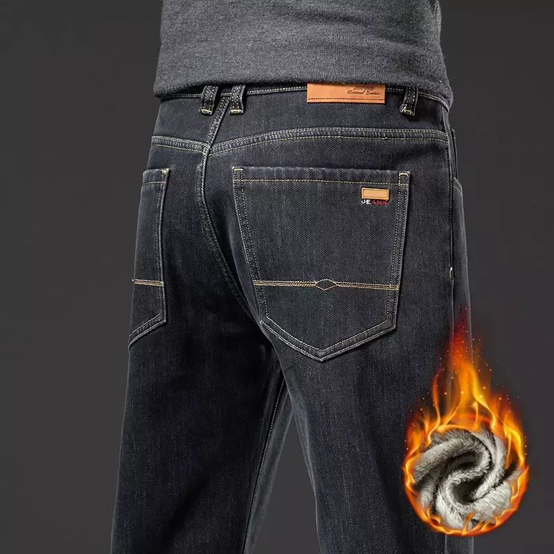 Celana Jeans longgar pria, bawahan Denim bulu tebal ukuran besar 40 42 44 46 hangat untuk bisnis regang ukuran besar